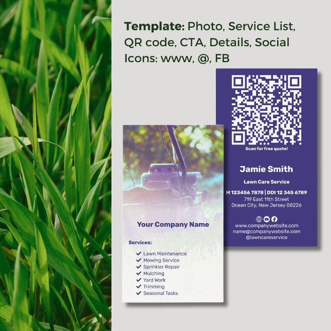 Lawn Service Branding QR Code Photo Lawn Mower Business Card (Lawn Service Branding QR Code Photo Lawn Mower Business Card, Service List, Icons: www, @, FB)