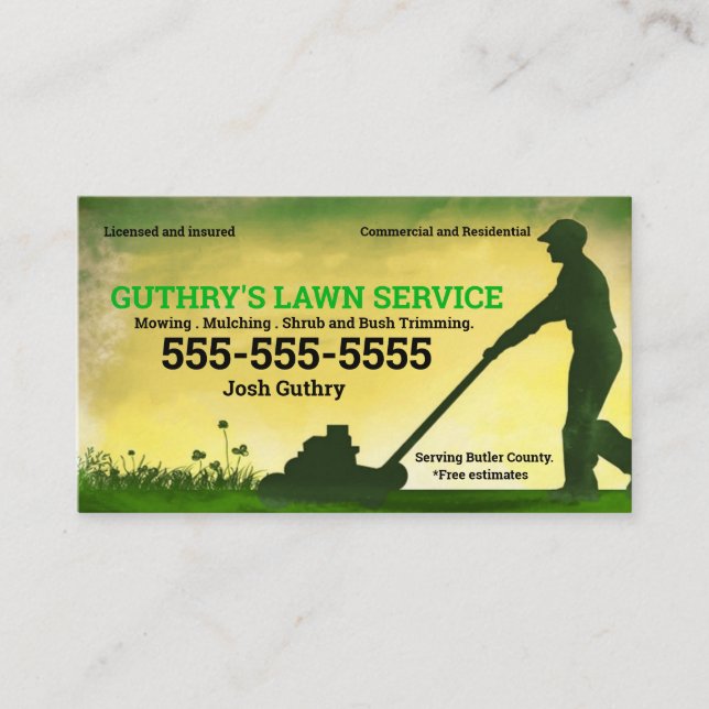 Lawn Service Business Card with push mower (Front)