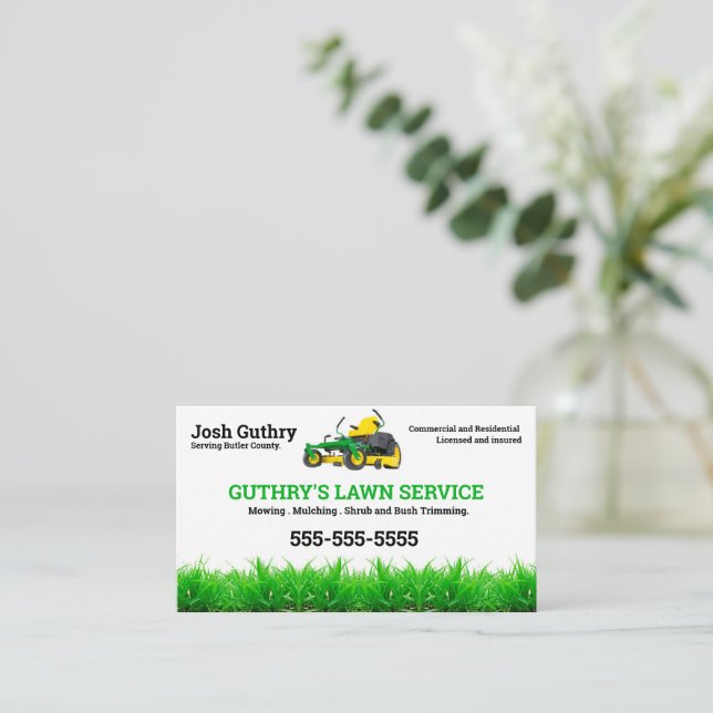 Lawn Service Business Card with zero turn mower (Standing Front)