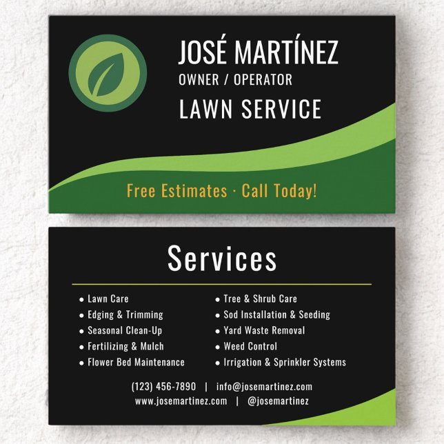 Lawn Service Landscaping Mowing Black Green  Business Card (Creator Uploaded)