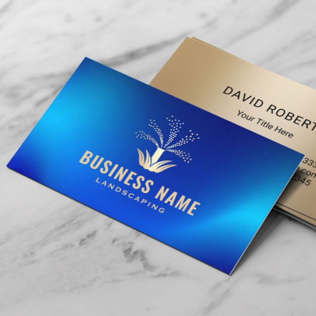 Lawn Sprinkler Irrigation Blue & Gold Landscaping Business Card (Creator Uploaded)