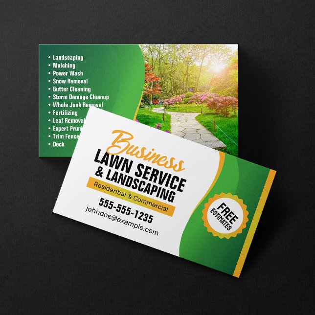 Lawncare & Landscaping Mowing Service Green Orange Business Card (Creator Uploaded)