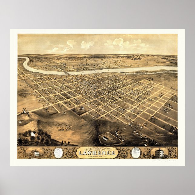 Lawrence, KS Panoramic Map - 1869 Poster (Front)