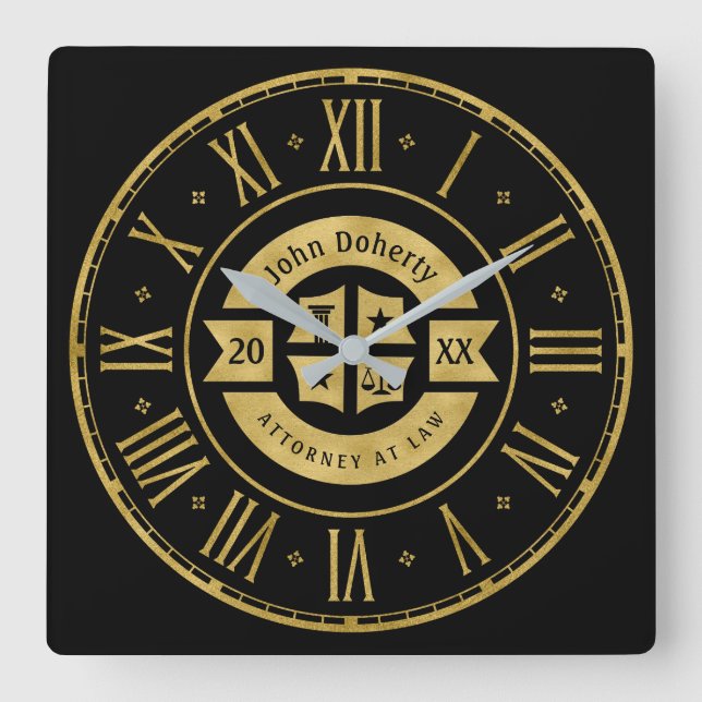 Lawyer 20XX Attorney At Law | Elegant Gold Black Square Wall Clock (Front)