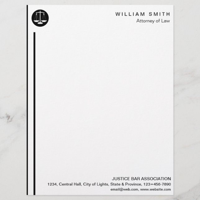 Lawyer Attorney At Law Black Scale Justice Simple Custom Letterhead (Front)