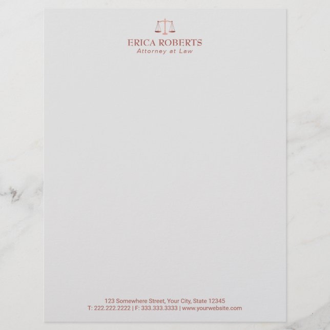 Lawyer Attorney at Law Rose Gold Scale of Justice Custom Letterhead (Front)