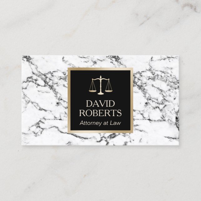 Lawyer Attorney Gold Scale Modern White Marble Business Card (Front)