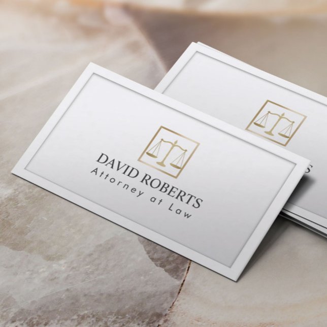 Lawyer Attorney Gold Scale of Justice Classy White Business Card (Creator Uploaded)