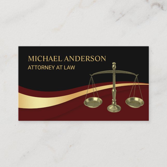 Lawyer Attorney Justice Elegant Black & Dark Red  Business Card (Front)