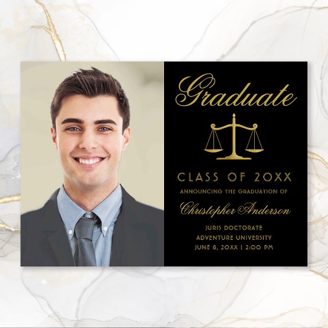 Lawyer Black Gold Script Photo Graduation Announcement ( Black and Gold Scales of Justice Photo Graduation Announcement for Lawyers)