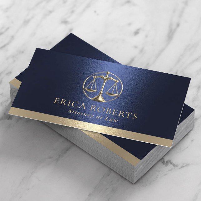Lawyer Gold Justice Scale Logo Navy Blue Attorney Business Card (Creator Uploaded)