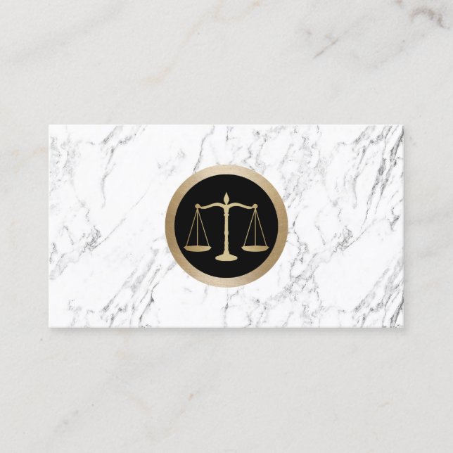 Lawyer Gold Scale of Justice Modern White Marble Business Card (Front)