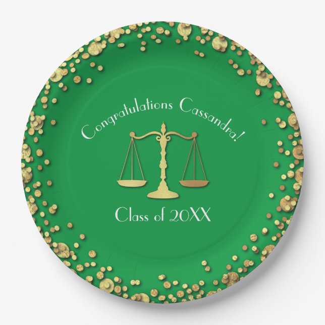 Lawyer Graduation Green SIlver Paper Plate (Front)