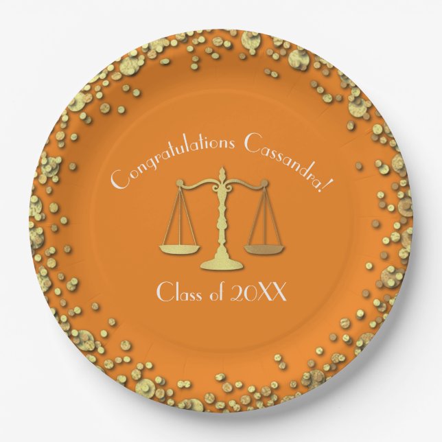Lawyer Graduation Orange Gold Paper Plate (Front)