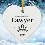 Lawyer Law School Graduation Christmas Ornament<br><div class="desc">First Christmas as a lawyer heart ornament for a new job after a graduation from law school. Elegant porcelain ceramic holiday ornaments in white with black lettering. Featuring Christmas trees and stars.</div>