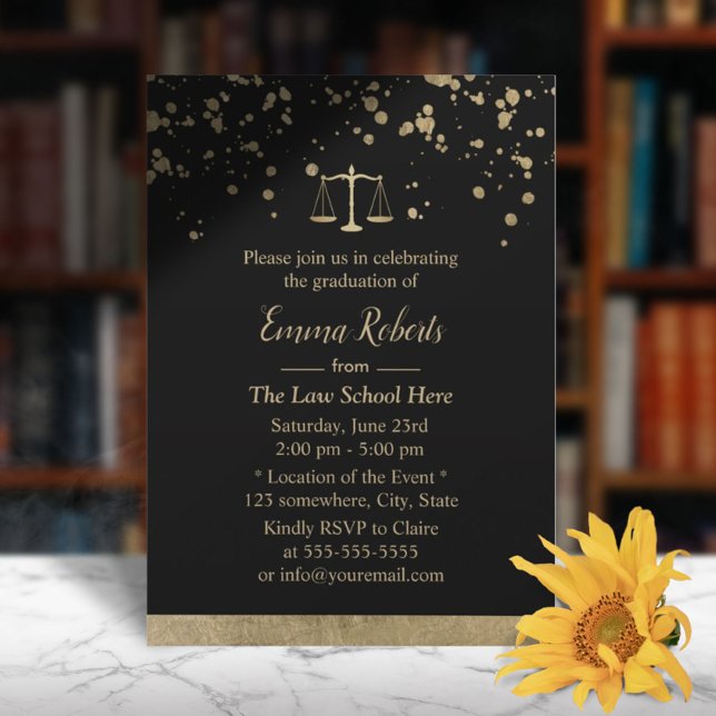 Lawyer Law School Graduation Modern Gold Splatters Invitation (Creator Uploaded)