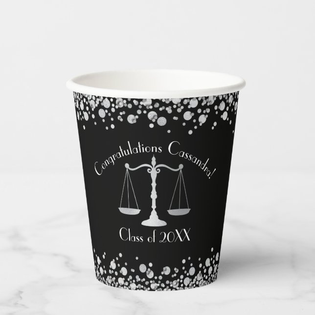 Lawyer Law School Graduation Party Black Silver Paper Cups (Front)