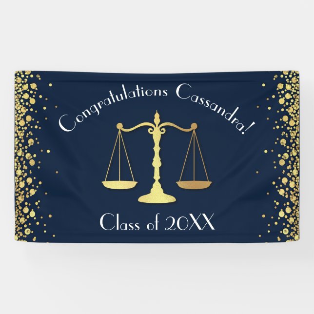 Lawyer Law School navy blue Gold Graduation Party Banner (Horizontal)