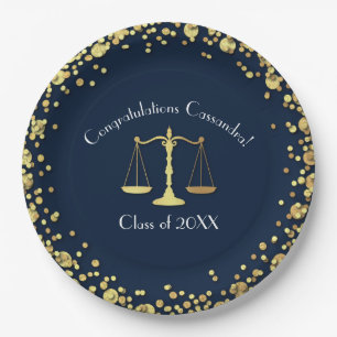 Lawyer Law School navy blue Gold Graduation Party Paper Plate