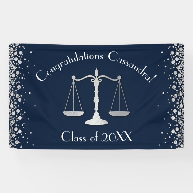 Lawyer Law School navy Silver Graduation Party Banner (Horizontal)