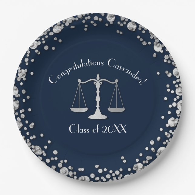 Lawyer Law School navy Silver Graduation Party Paper Plate (Front)