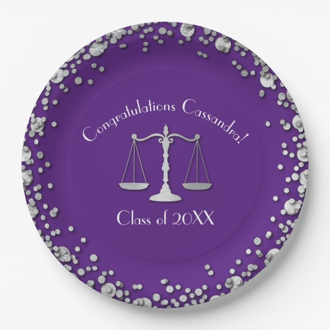 Lawyer Law School Purple Silver Graduation Party Paper Plate (Front)