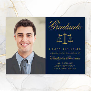Lawyer Navy Blue Gold Script Photo Graduation Announcement