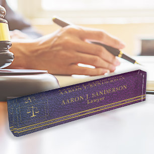 Lawyer office elegant gold scale purple leather nameplate
