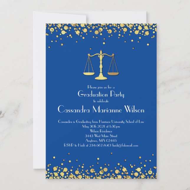 Lawyer School Graduation Gold Blue Invitation (Front)
