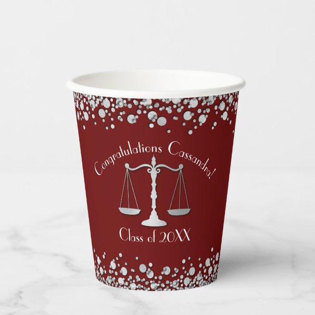 Lawyer School Maroon Silver Graduation Paper Cups (Front)