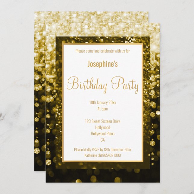 LAYERED BLACK & GOLD DIAMONDS CUSTOM BIRTHDAY INVITATION (Front/Back)