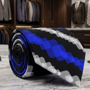 Layered Blue And White Squared On Black Pattern Tie