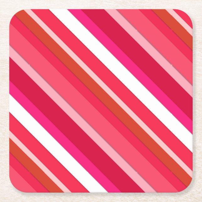 Layered candy stripes - red, pink and white square paper coaster (Front)
