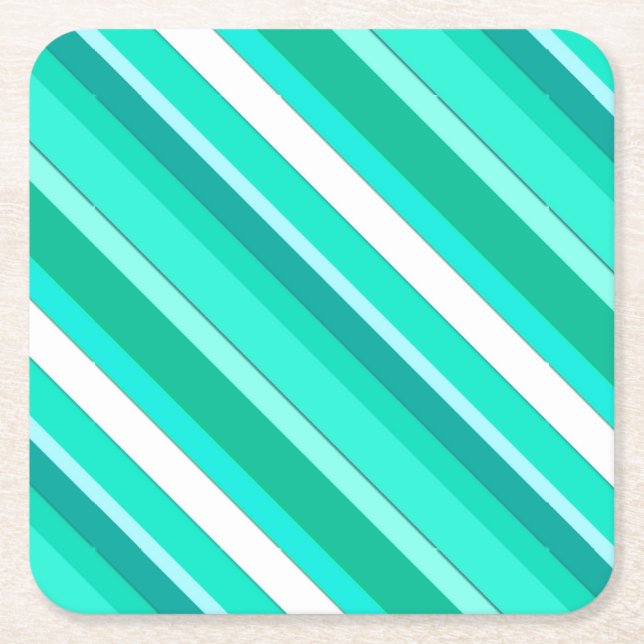 Layered candy stripes - turquoise and white square paper coaster (Front)