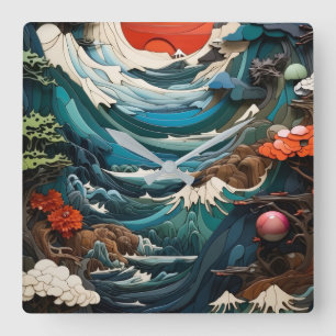 Layered Ocean Waves & Red Sun Art Wall Clock