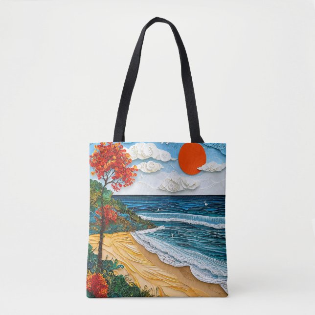 Layered paper art beach with a tree tote bag (Front)