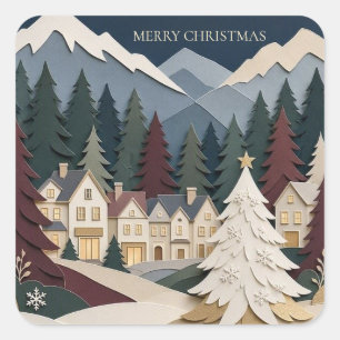 Layered Paper Cut Christmas, Snowy Alpine Village Square Sticker