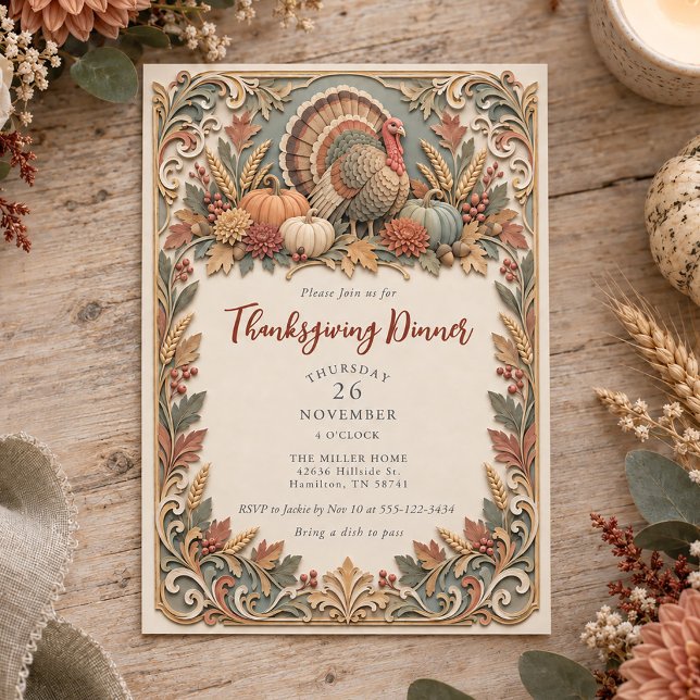Layered Paper Effect Turkey Thanksgiving Dinner  Invitation (Layered Paper Effect Turkey Thanksgiving Dinner Invitation)