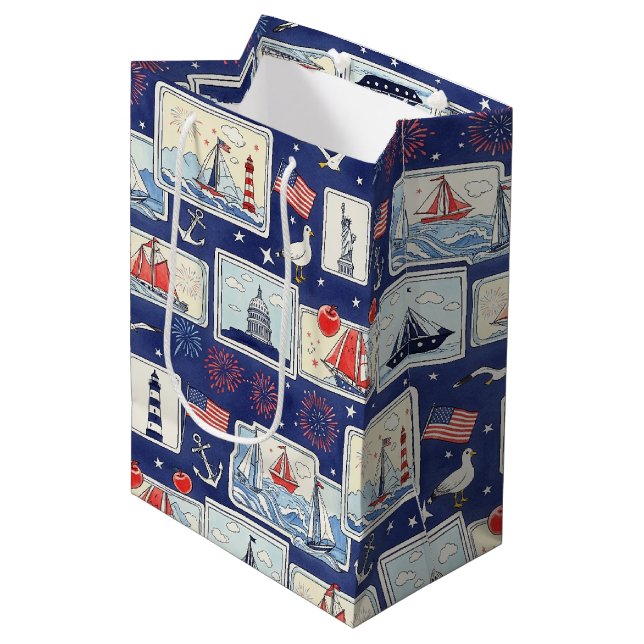 Layered Patriotic Paper Cut Tile Pattern (1) Medium Gift Bag (Front Angled)