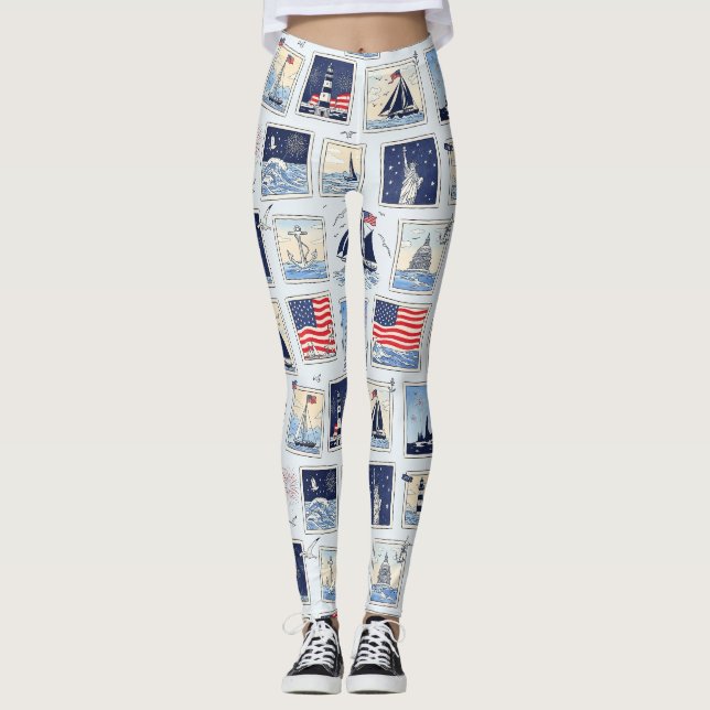 Layered Patriotic Paper Cut Tile Pattern (2) Leggings (Front)