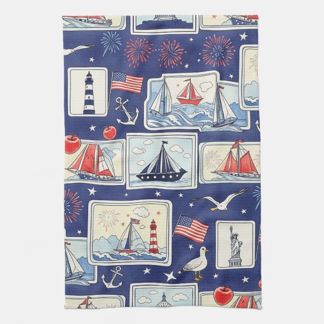 Layered Patriotic Paper Cut Tile Pattern (2) Tea Towel (Vertical)