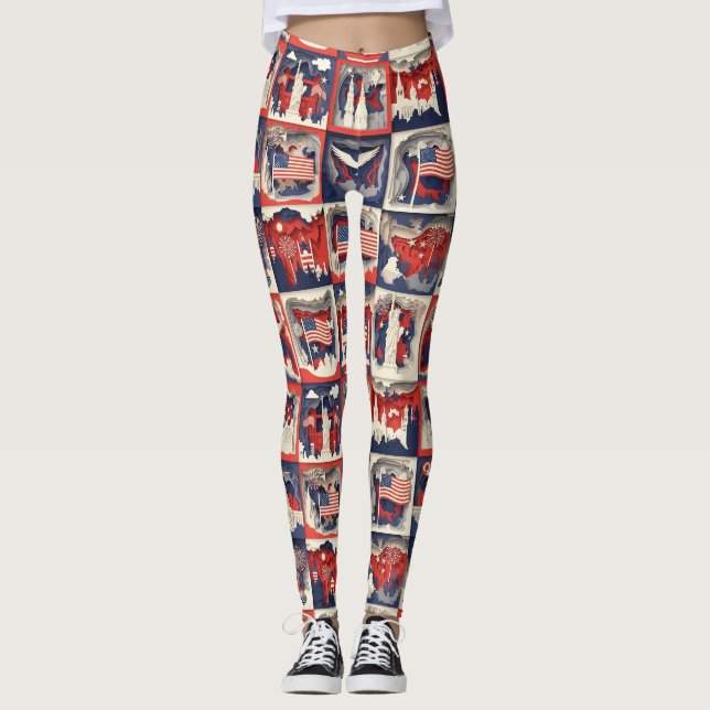 Layered Patriotic Paper Cut Tile Pattern (3) Leggings (Front)