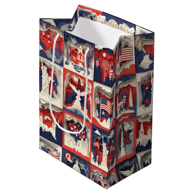 Layered Patriotic Paper Cut Tile Pattern (3) Medium Gift Bag (Front Angled)