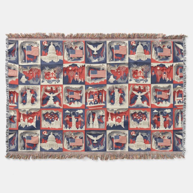 Layered Patriotic Paper Cut Tile Pattern (3) Throw Blanket (Front)