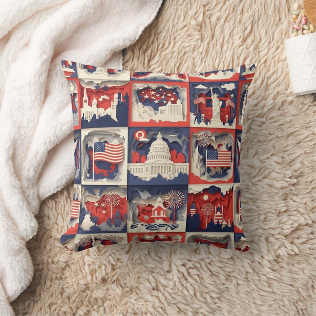 Layered Patriotic Paper Cut Tile Pattern (4) Cushion (Blanket)