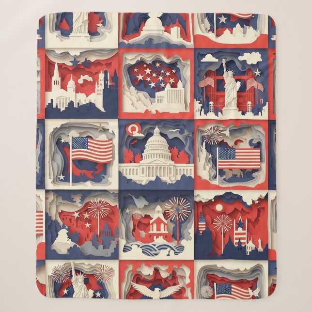 Layered Patriotic Paper Cut Tile Pattern (4) Sherpa Blanket (Front)