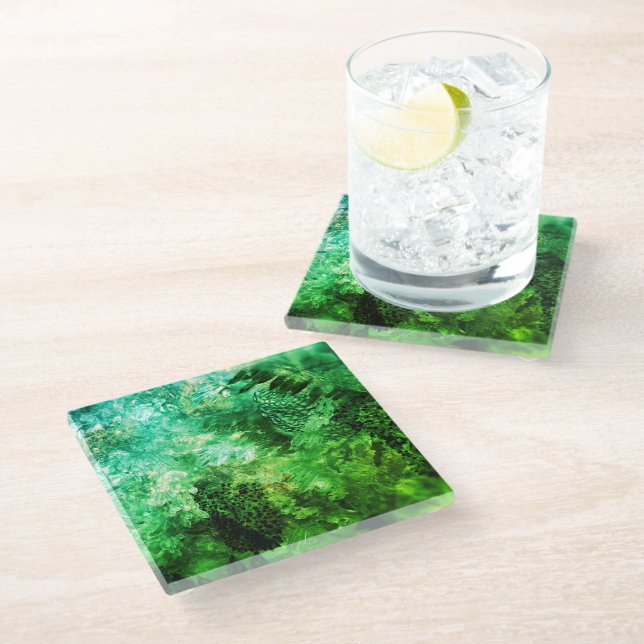 Layers of Green Crystals Glass Coaster (Angled)
