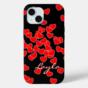 Layla - Text Template, Flashy Red Hearts On Black iPhone 15 Case
