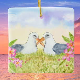  Laysan Albatross with Pink Plumerias Ceramic Ornament