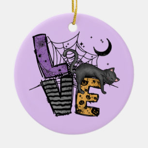 Lazy Black Cat in Spider Web with Love Ceramic Tree Decoration